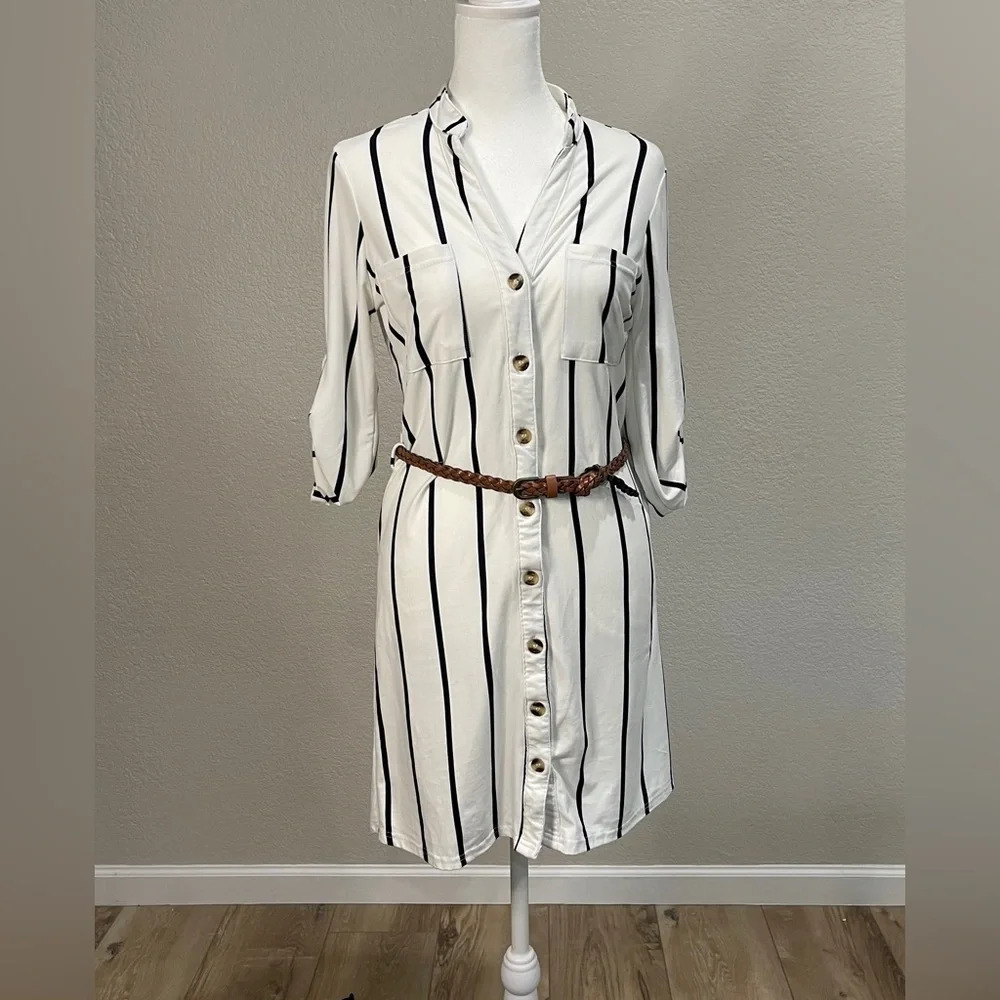 J for Justify white with black striped dress